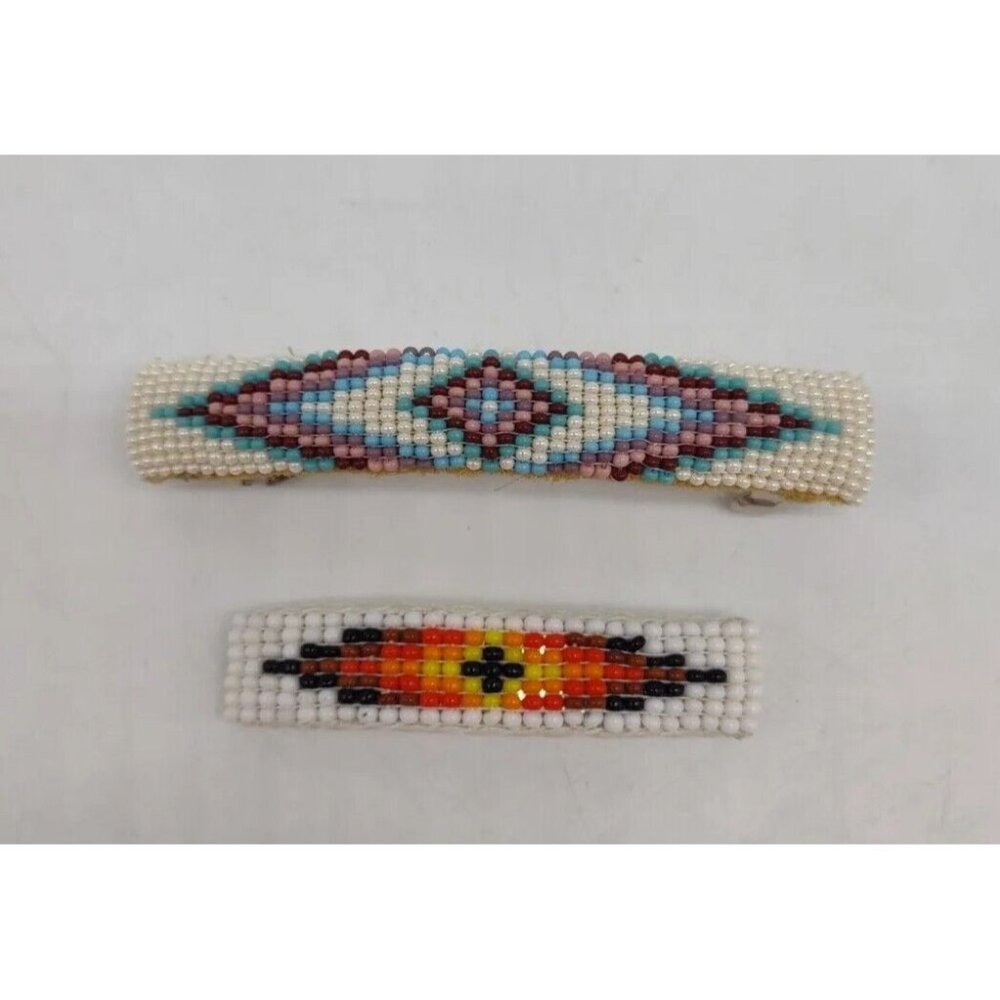 2 Hand-Beaded Hair Barrettes Leather Native American Style Beadwork Patterns